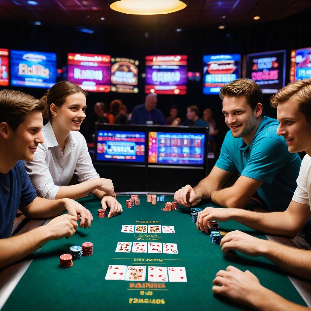 A dynamic scene featuring a diverse group of players engaged in an intense multiplayer rummy game, surrounded by colorful cards and chips flying in the air. The atmosphere is electric, showcasing a tournament setting with a digital scoreboard in the background tracking scores. Include a mix of expressions: focus, excitement, and camaraderie among players. Bright lighting enhances the vibrant colors of the cards and the excitement of the game. super-realistic. vibrant colors. tournament atmosphere.