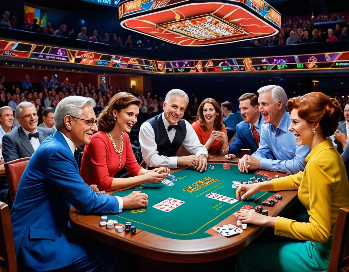 A dynamic scene depicting players in an energetic rummy tournament, with colorful cards flying across a stylish table, focused expressions on players' faces as they strategize. Include a scoreboard showing intense competition, and a background of cheering spectators. Enhance with vibrant lighting and bold colors to convey excitement. cartoon style. vibrant colors. energetic atmosphere.