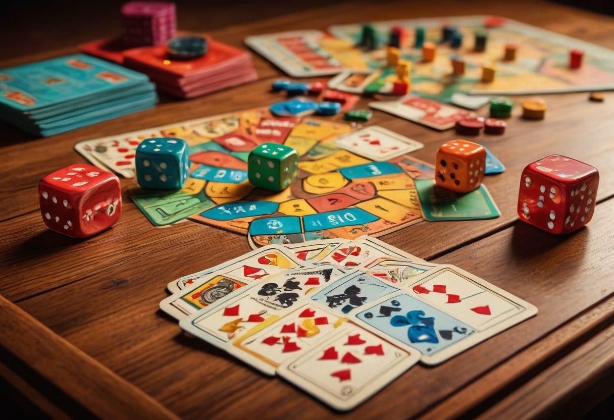 A dynamic scene depicting a vibrant rummy game setting with enthusiastic players engaged in intense focus. The foreground features a close-up of colorful rummy cards spread out on a table, with expressions of excitement and strategy on players' faces, surrounded by subtle representations of trophies and medals in the background. The lighting is warm and inviting, emphasizing a sense of competition and camaraderie. retro board game style. vibrant colors. high detail.